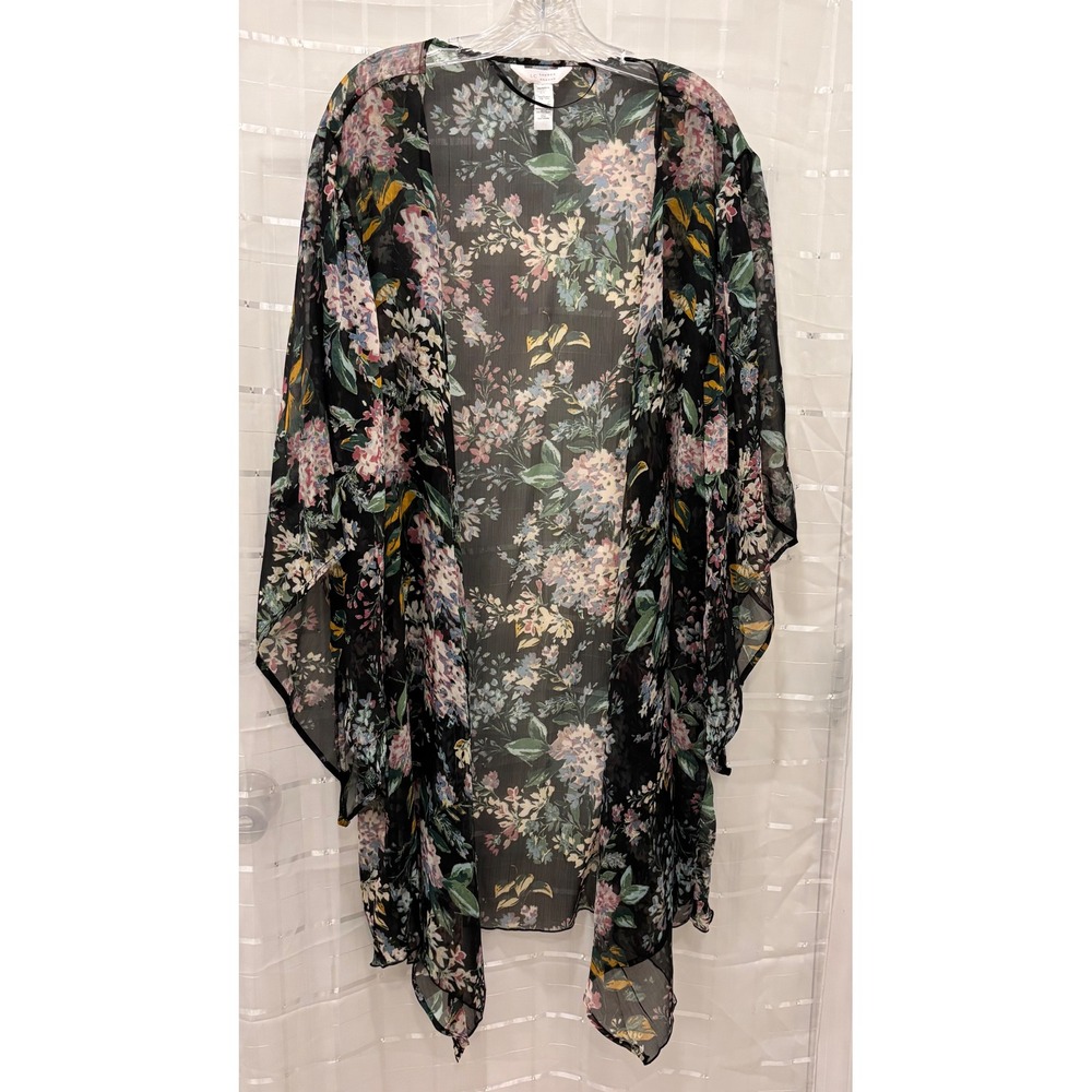 LC Lauren Conrad Floral Kimono Wrap Black Chiffon Sheer Open Front Plus Size 1X‎